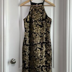Just Me Black Gold Sequin Floral Embroidered Velvet Halter Sheath Cocktail Dress